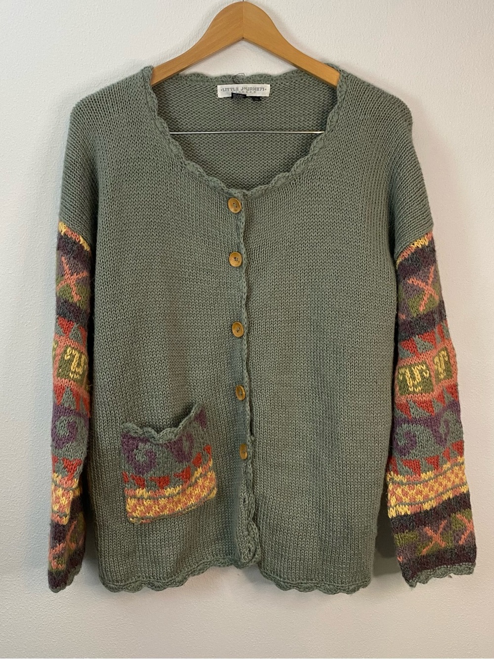 Little Journey Chicago 100% Alpaca Wool Hand Knit Green Colorful Cardigan Medium